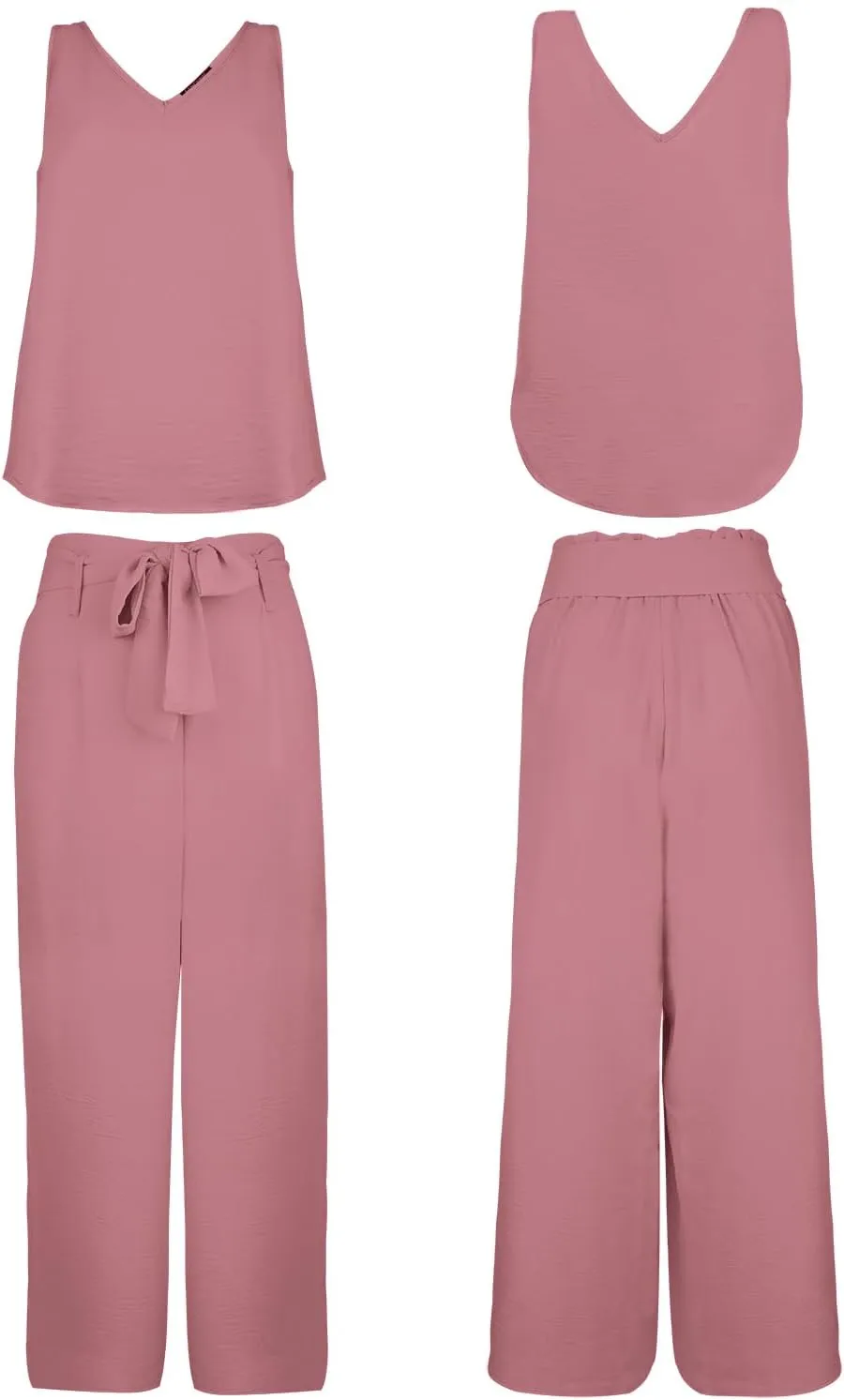 FANCYINN Womens 2 Piece Set V Neck Tank Wide Strap Tops High Waisted Cropped Paper Bag Pants with Belt