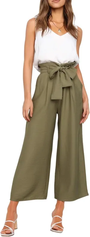 FANCYINN Womens 2 Piece Set V Neck Tank Wide Strap Tops High Waisted Cropped Paper Bag Pants with Belt
