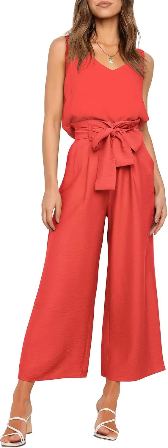 FANCYINN Womens 2 Piece Set V Neck Tank Wide Strap Tops High Waisted Cropped Paper Bag Pants with Belt