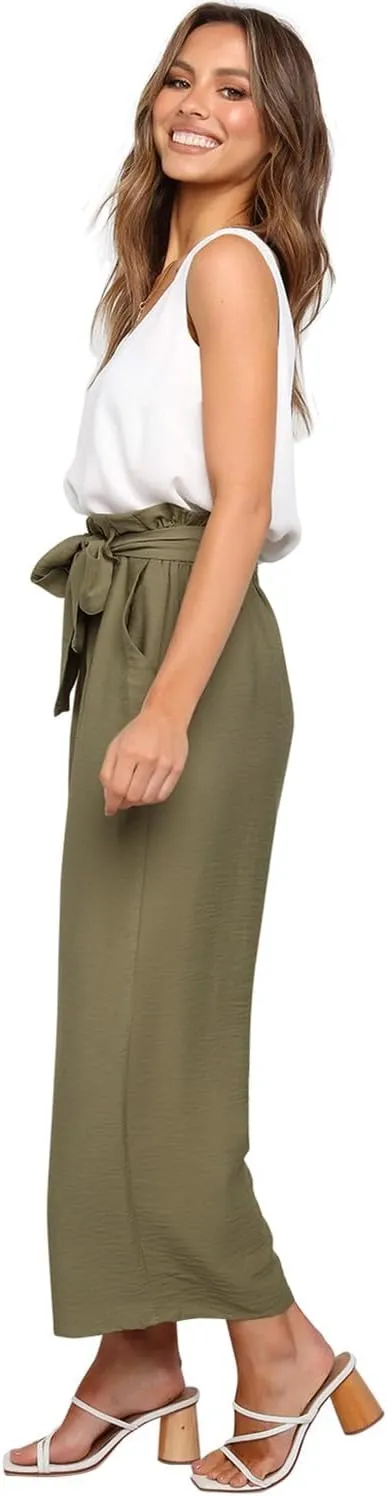 FANCYINN Womens 2 Piece Set V Neck Tank Wide Strap Tops High Waisted Cropped Paper Bag Pants with Belt