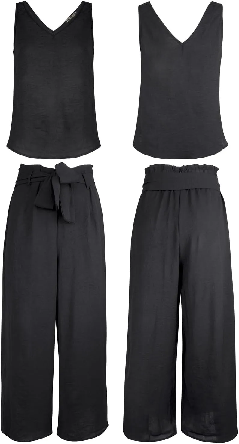 FANCYINN Womens 2 Piece Set V Neck Tank Wide Strap Tops High Waisted Cropped Paper Bag Pants with Belt