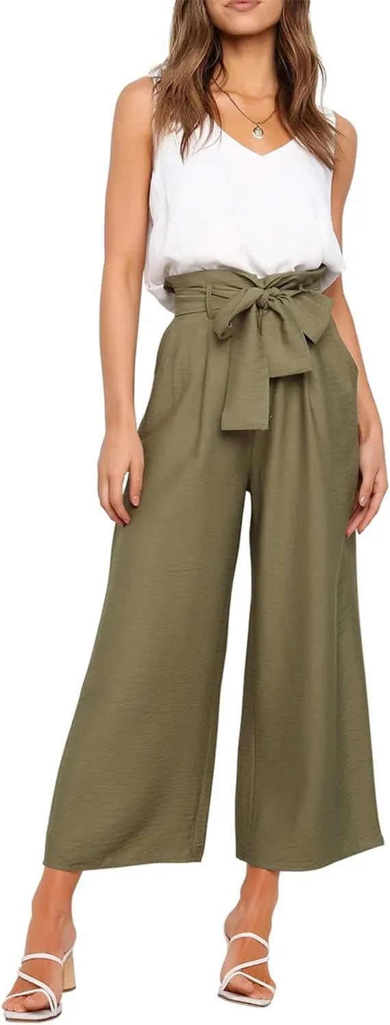 FANCYINN Womens 2 Piece Set V Neck Tank Wide Strap Tops High Waisted Cropped Paper Bag Pants with Belt