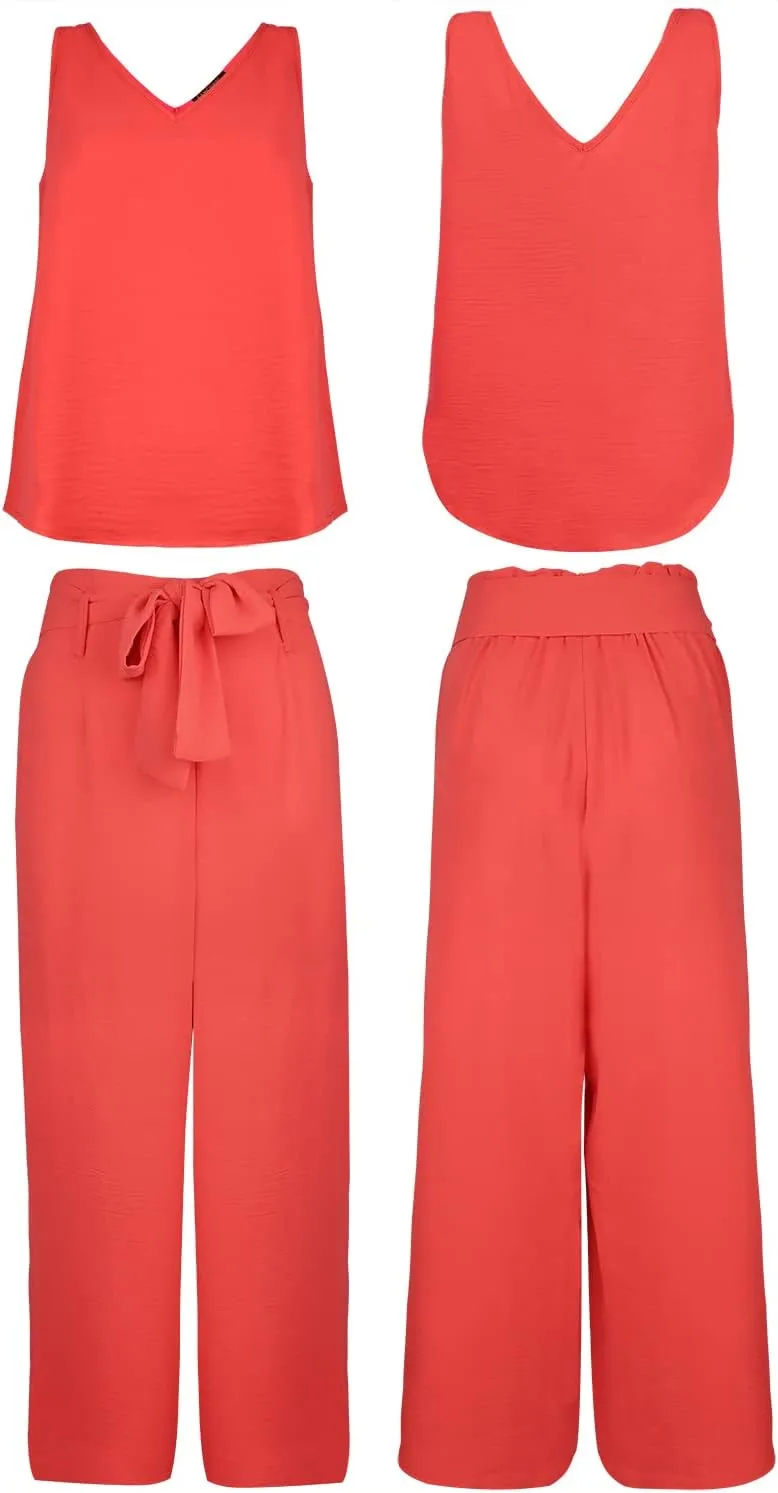 FANCYINN Womens 2 Piece Set V Neck Tank Wide Strap Tops High Waisted Cropped Paper Bag Pants with Belt