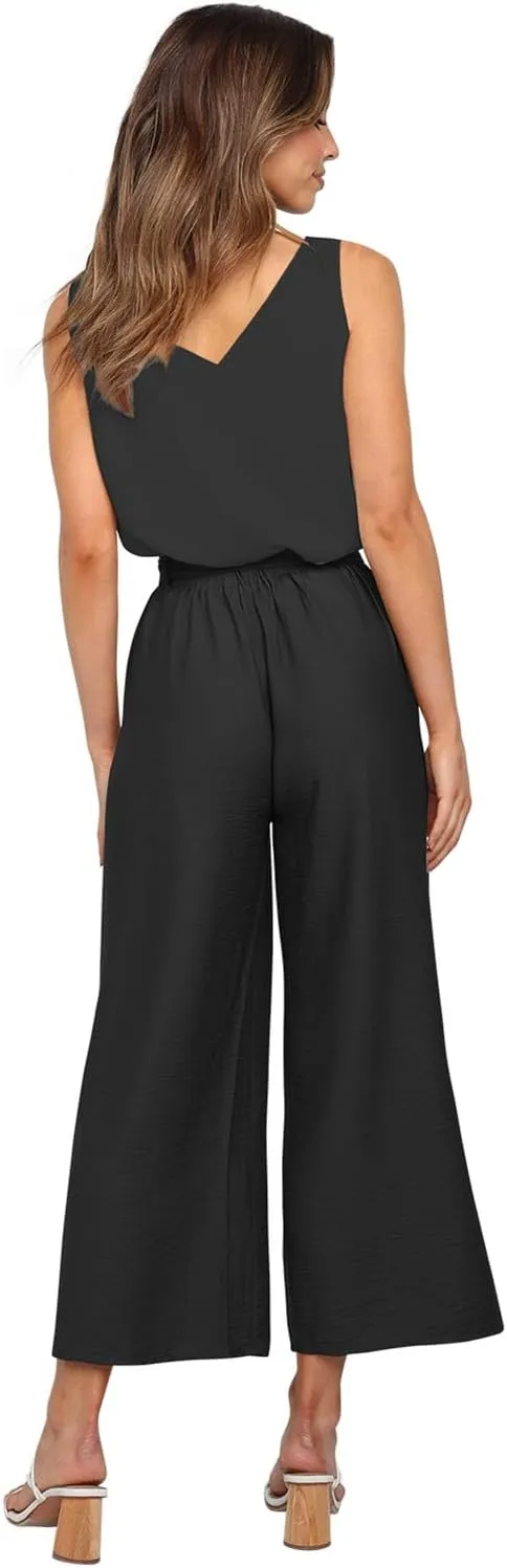 FANCYINN Womens 2 Piece Set V Neck Tank Wide Strap Tops High Waisted Cropped Paper Bag Pants with Belt