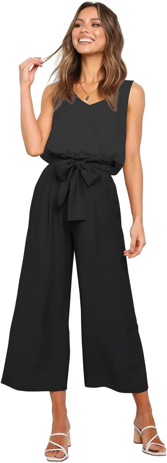 FANCYINN Womens 2 Piece Set V Neck Tank Wide Strap Tops High Waisted Cropped Paper Bag Pants with Belt