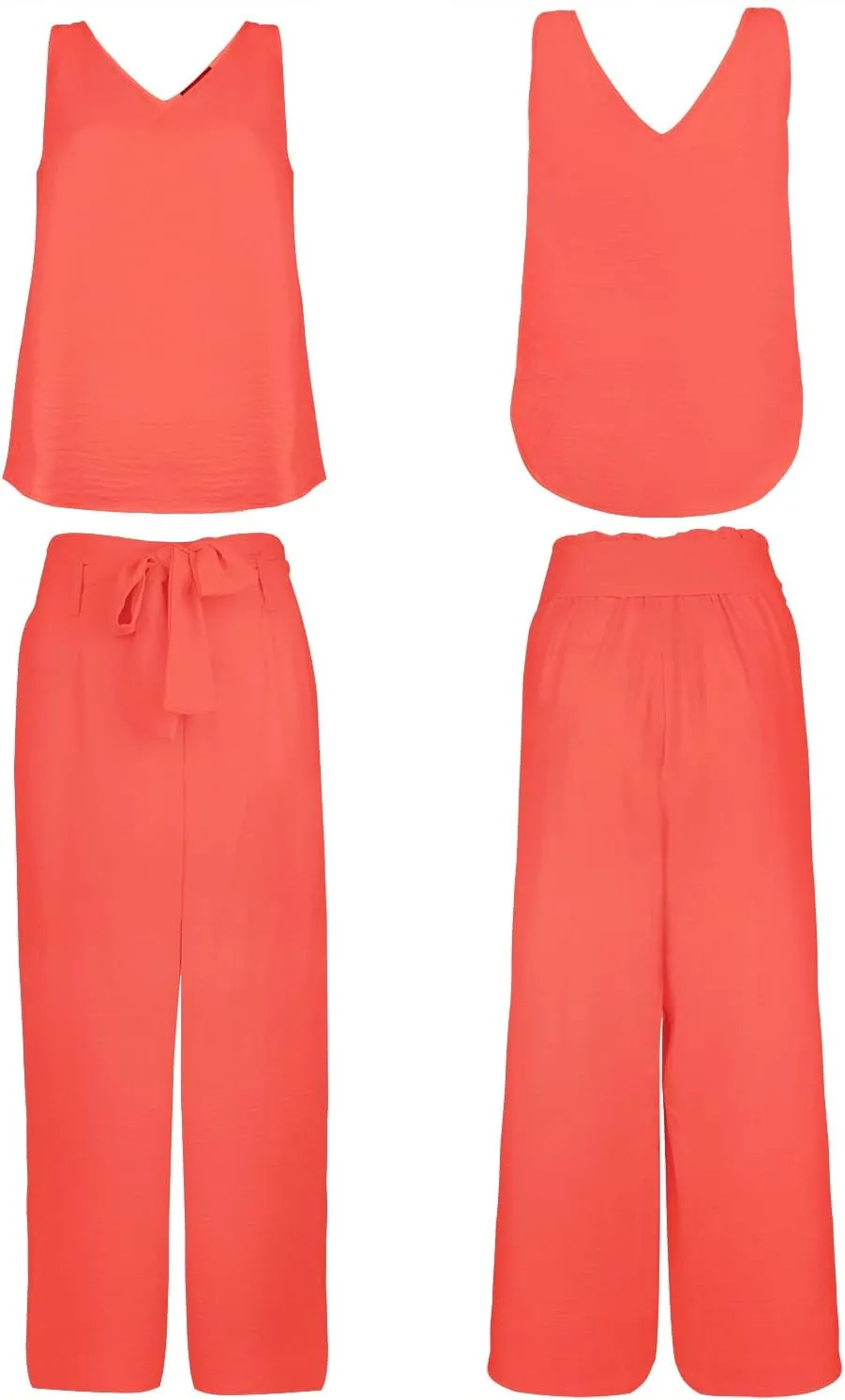 FANCYINN Womens 2 Piece Set V Neck Tank Wide Strap Tops High Waisted Cropped Paper Bag Pants with Belt