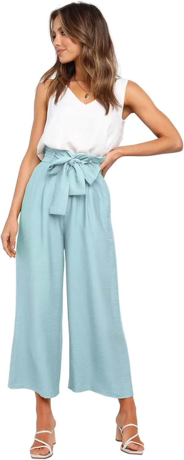 FANCYINN Womens 2 Piece Set V Neck Tank Wide Strap Tops High Waisted Cropped Paper Bag Pants with Belt