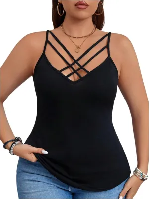 Floerns Women's Plus Size Criss Cross Sleeveless Cami Top Spaghetti Strap Slim Fit Going Out Tops