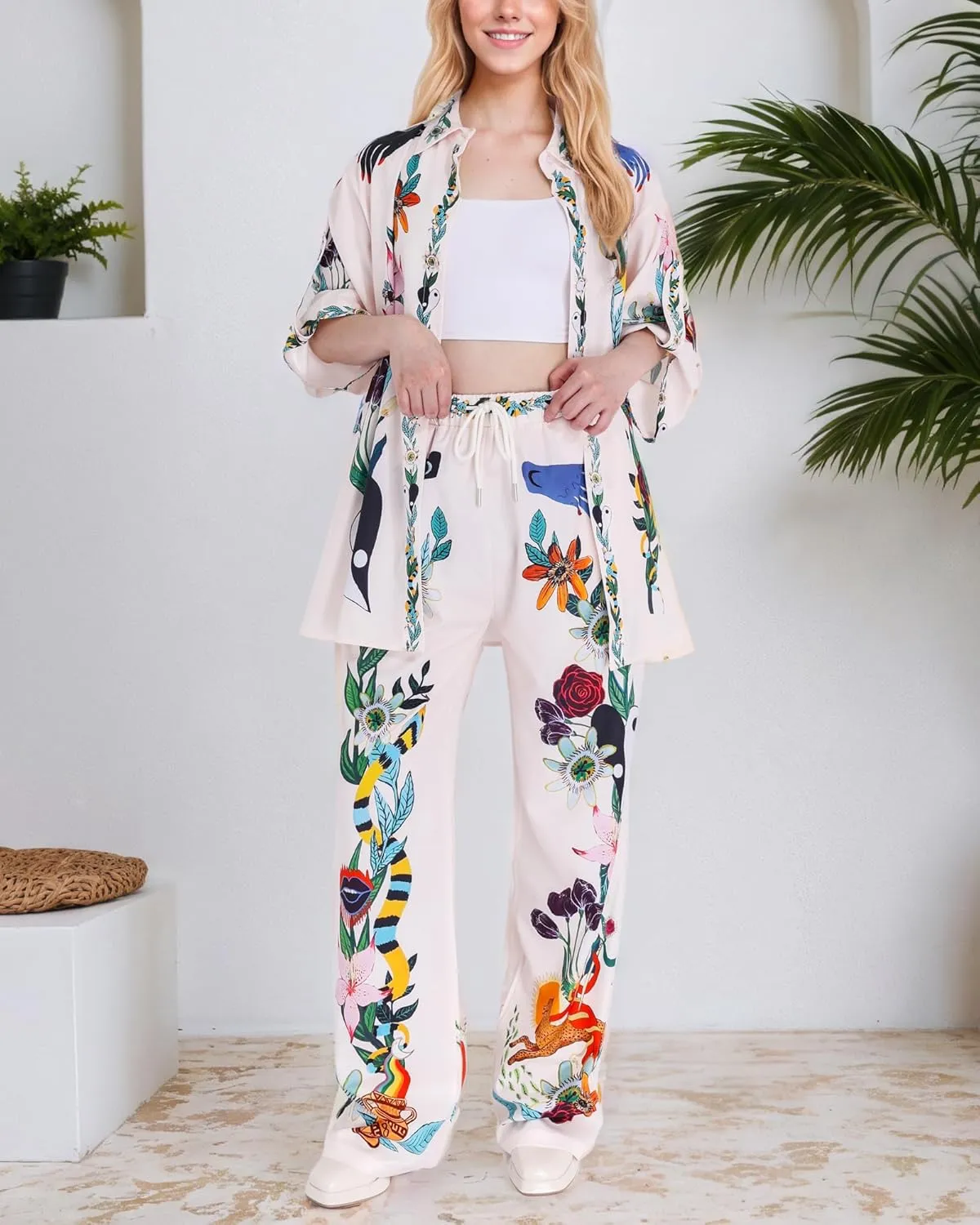 FOTN Womens Lounge Sets 2 Piece Outfit 2025 Summer Vacation Beach Button Down Shirt and Wide Leg Pant Matching Set Loose Fit