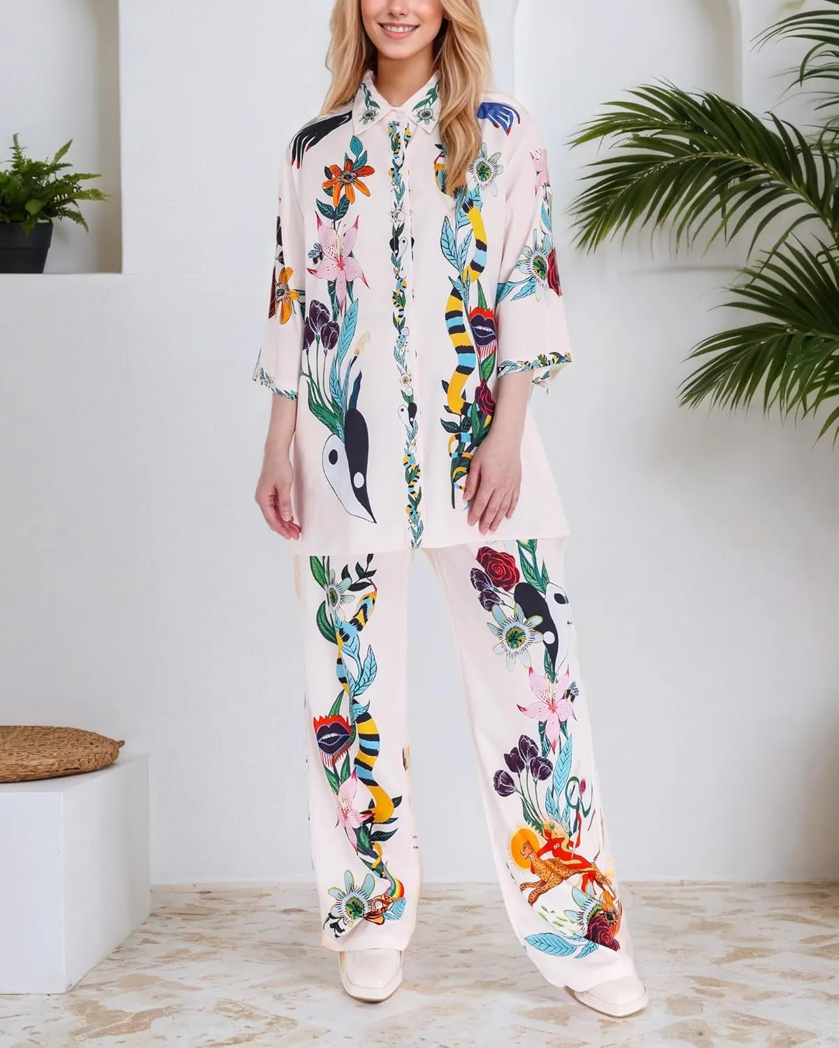 FOTN Womens Lounge Sets 2 Piece Outfit 2025 Summer Vacation Beach Button Down Shirt and Wide Leg Pant Matching Set Loose Fit