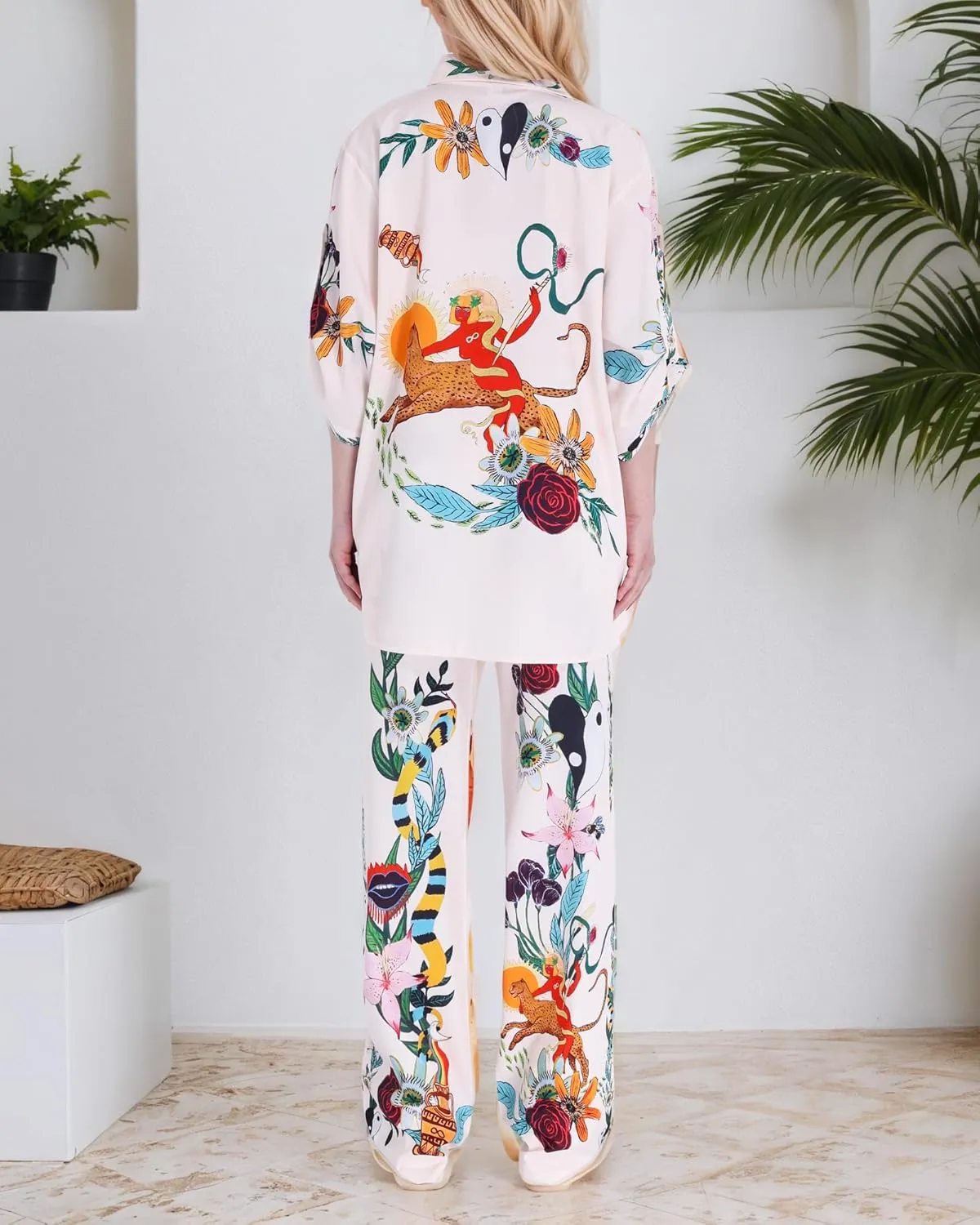 FOTN Womens Lounge Sets 2 Piece Outfit 2025 Summer Vacation Beach Button Down Shirt and Wide Leg Pant Matching Set Loose Fit