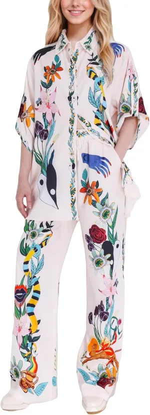 FOTN Womens Lounge Sets 2 Piece Outfit 2025 Summer Vacation Beach Button Down Shirt and Wide Leg Pant Matching Set Loose Fit