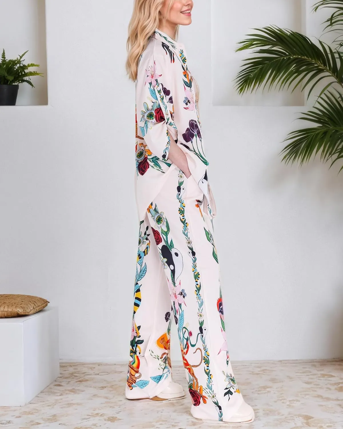FOTN Womens Lounge Sets 2 Piece Outfit 2025 Summer Vacation Beach Button Down Shirt and Wide Leg Pant Matching Set Loose Fit