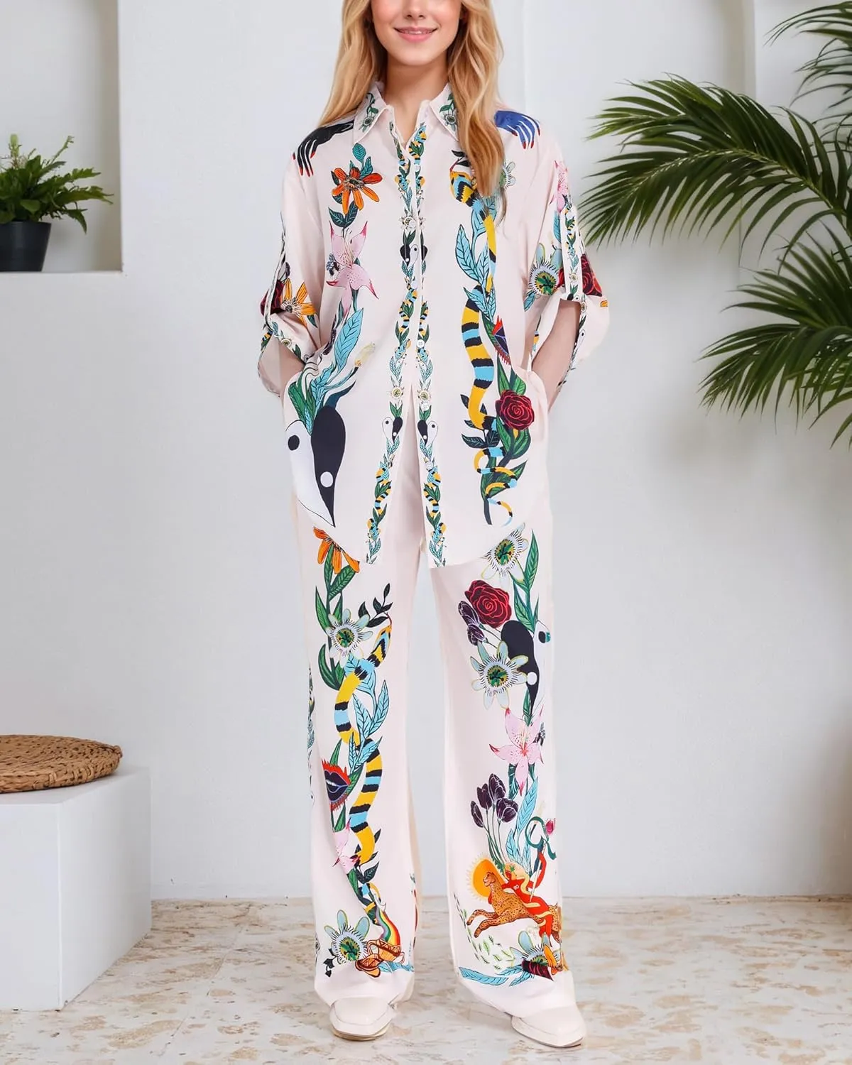 FOTN Womens Lounge Sets 2 Piece Outfit 2025 Summer Vacation Beach Button Down Shirt and Wide Leg Pant Matching Set Loose Fit