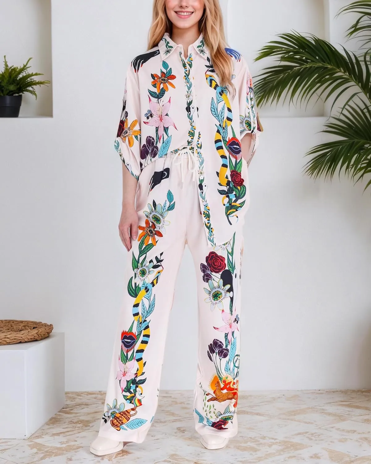 FOTN Womens Lounge Sets 2 Piece Outfit 2025 Summer Vacation Beach Button Down Shirt and Wide Leg Pant Matching Set Loose Fit