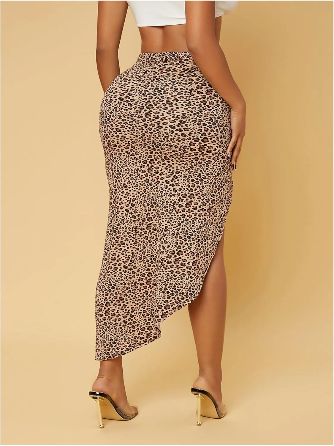 GORGLITTER Women's Leopard Print Midi Skirt Ruched Asymmetrical Y2K Long Skirts with Slit
