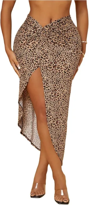 GORGLITTER Women's Leopard Print Midi Skirt Ruched Asymmetrical Y2K Long Skirts with Slit