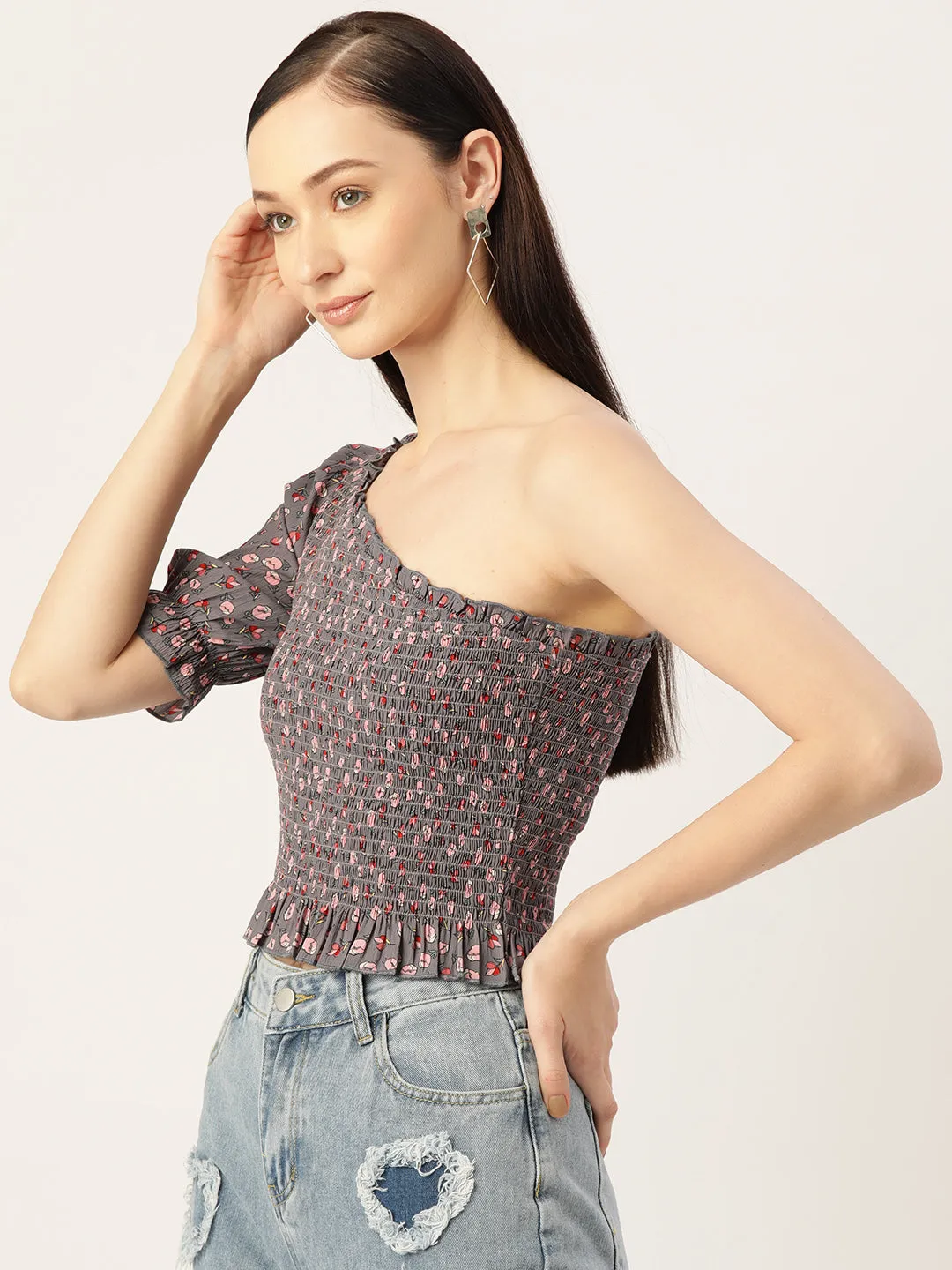 Grey Floral Print Smocked One Shoulder Crepe Top
