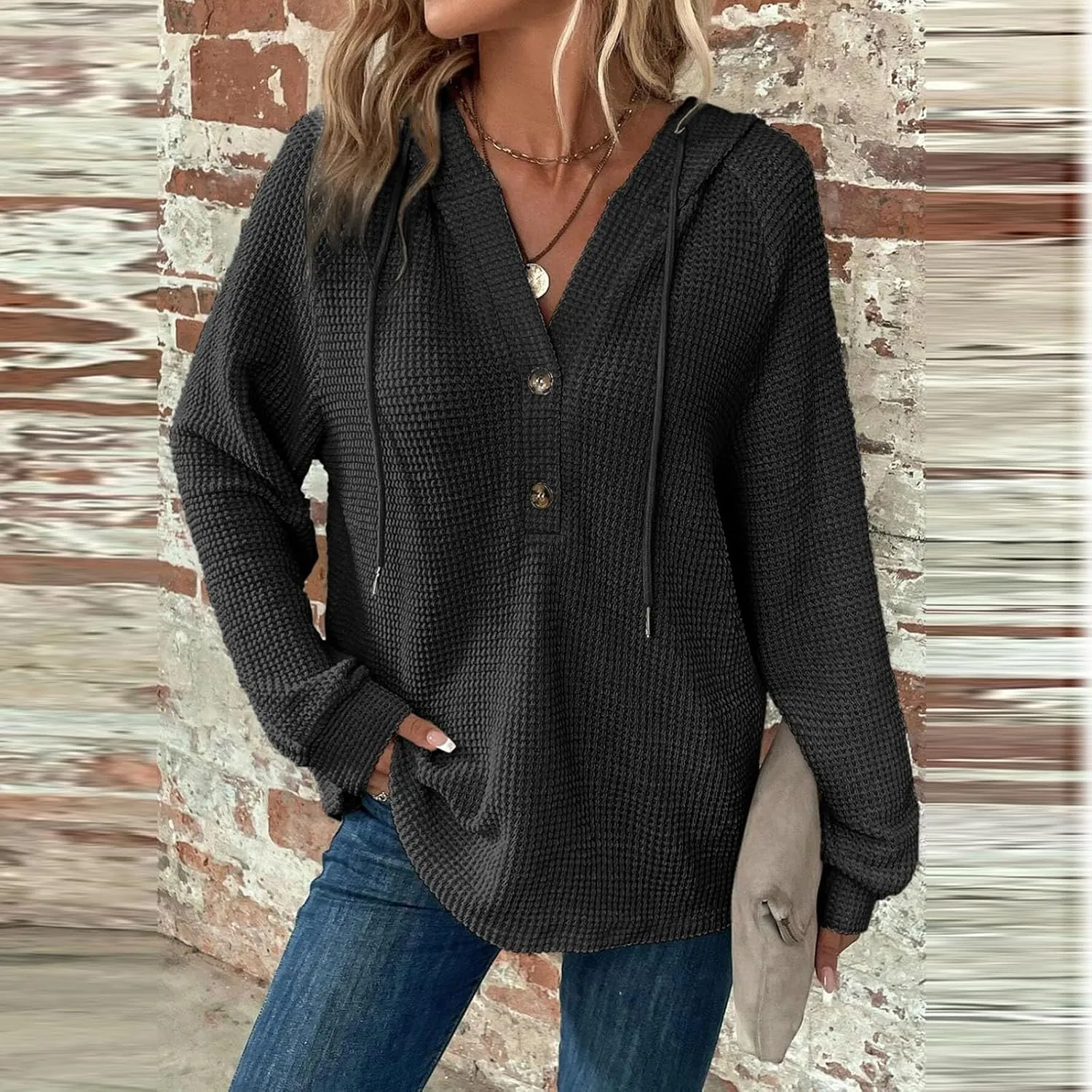 Gumipy Long Sleeve Shirts for Women Waffle V Neck Button Up Shirts Trendy Oversized Hoodies Tshirts Spring Casual Tunic Tops
