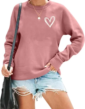 HAJIEXY Valentines Sweatshirt Womens Cute Love Heart Graphic Print Pullover Casual O Neck Long Sleeve Holiday Tops