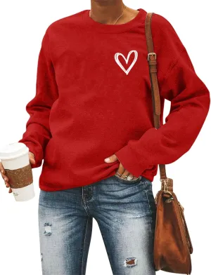 HAJIEXY Valentines Sweatshirt Womens Cute Love Heart Graphic Print Pullover Casual O Neck Long Sleeve Holiday Tops