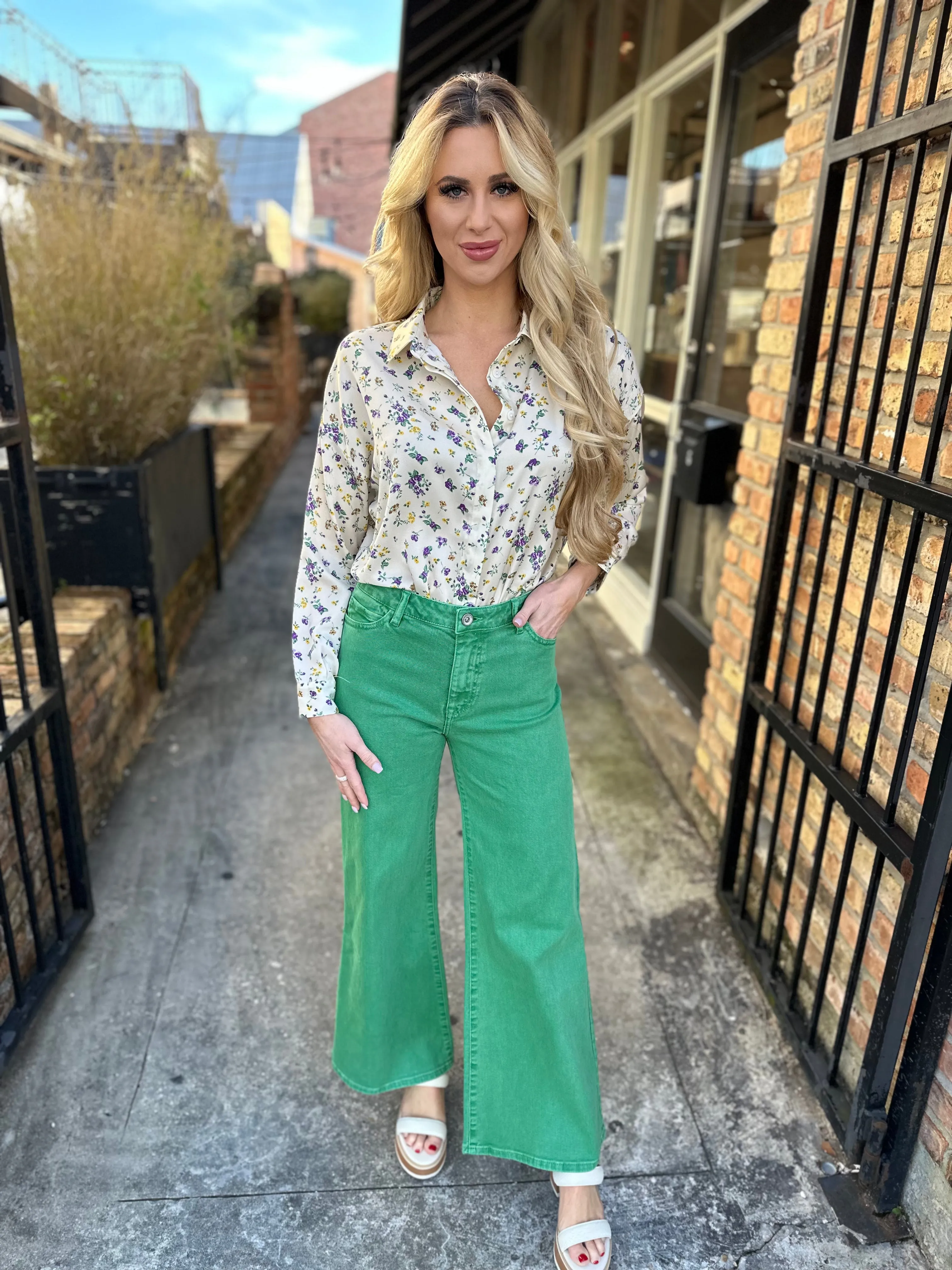 Iris High Rise Wide Leg Denim- Green