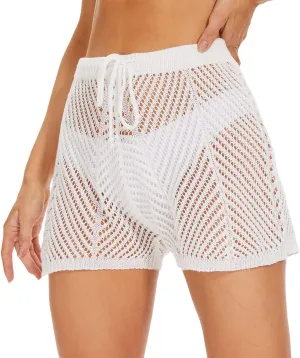 Jumppmile Womens Crochet Cover Up Shorts Hollow Out High Waist Knit Bathing Suit Bikini Swimsuit