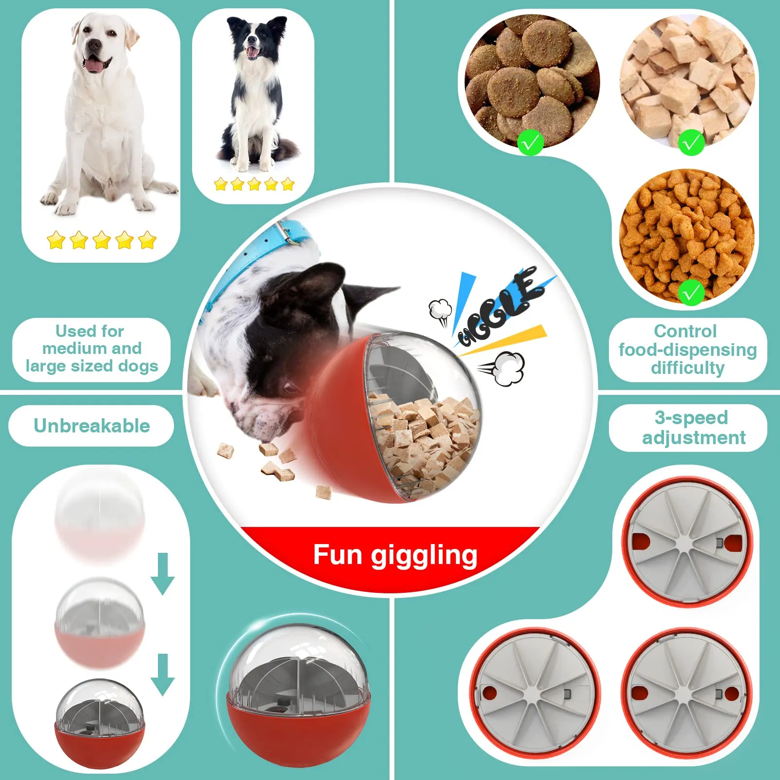 KADTC Dog Balls Adjustable Food Dispensing Treat Dispenser Dogs Puzzle Feeder Toy Wobble Wag Talking Giggle Squeaky Puppy Chew Indestructible Ball for Small/Medium/Large Aggressive Chewers Breed