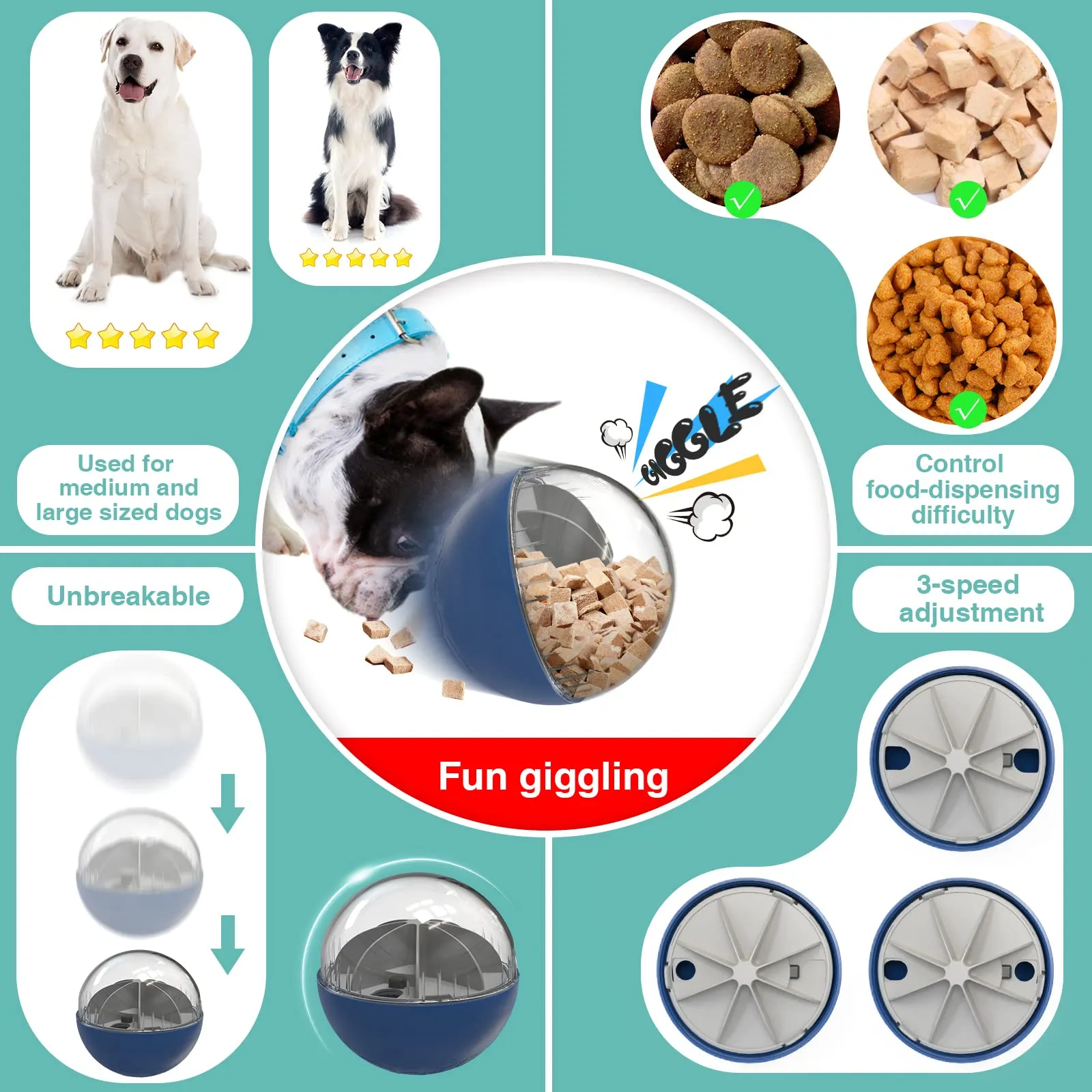KADTC Dog Balls Adjustable Food Dispensing Treat Dispenser Dogs Puzzle Feeder Toy Wobble Wag Talking Giggle Squeaky Puppy Chew Indestructible Ball for Small/Medium/Large Aggressive Chewers Breed