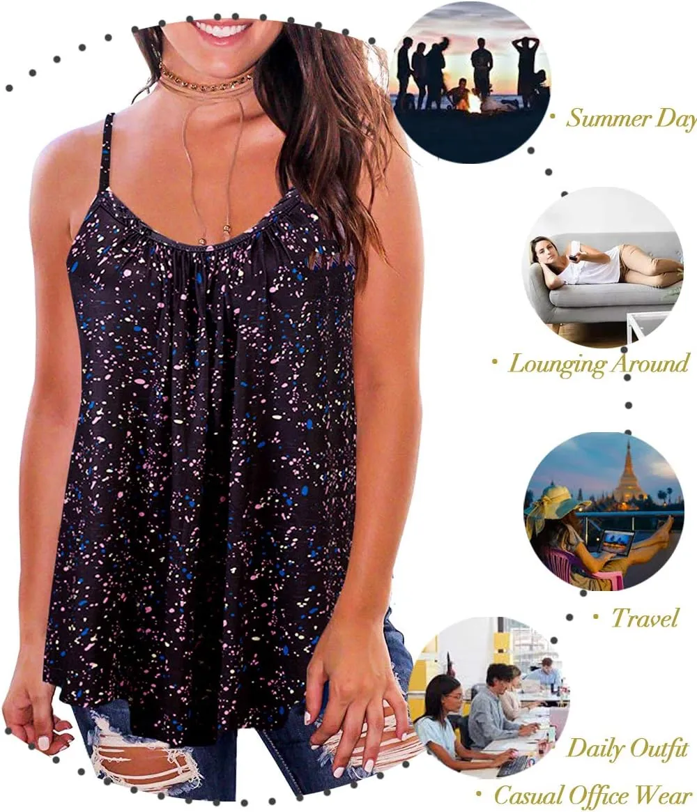 Kaei&Shi Print Long Vest,Flowy Tank Top for Women,Loose Cami,Pleated Dressy Swing Spaghetti Strap Camisole