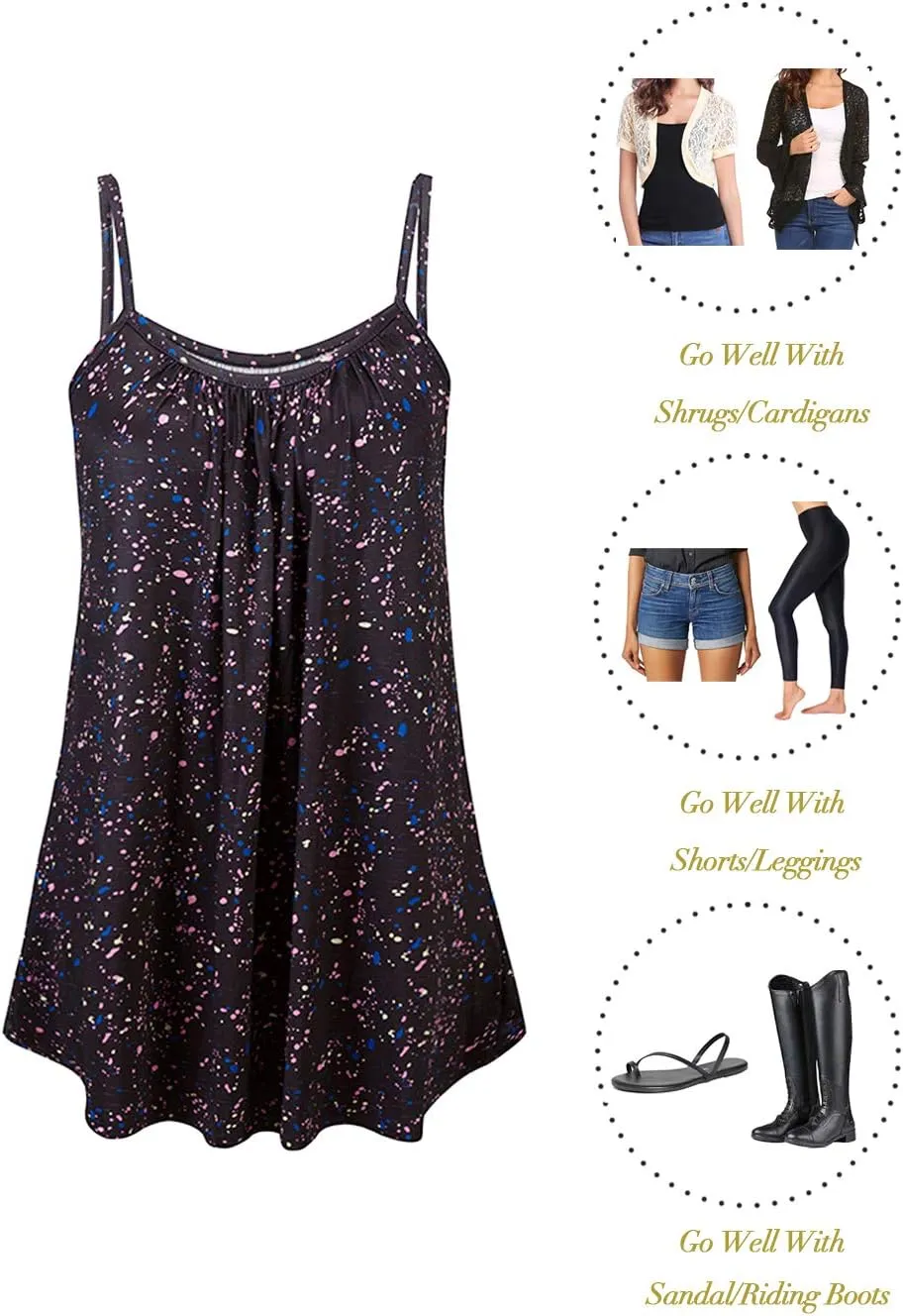 Kaei&Shi Print Long Vest,Flowy Tank Top for Women,Loose Cami,Pleated Dressy Swing Spaghetti Strap Camisole
