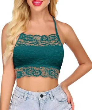 Lace Bralette for Women High Neck Camisoles Racerback Double-Layered Y2K Crop Top Wireless Sexy Floral Lace Bra