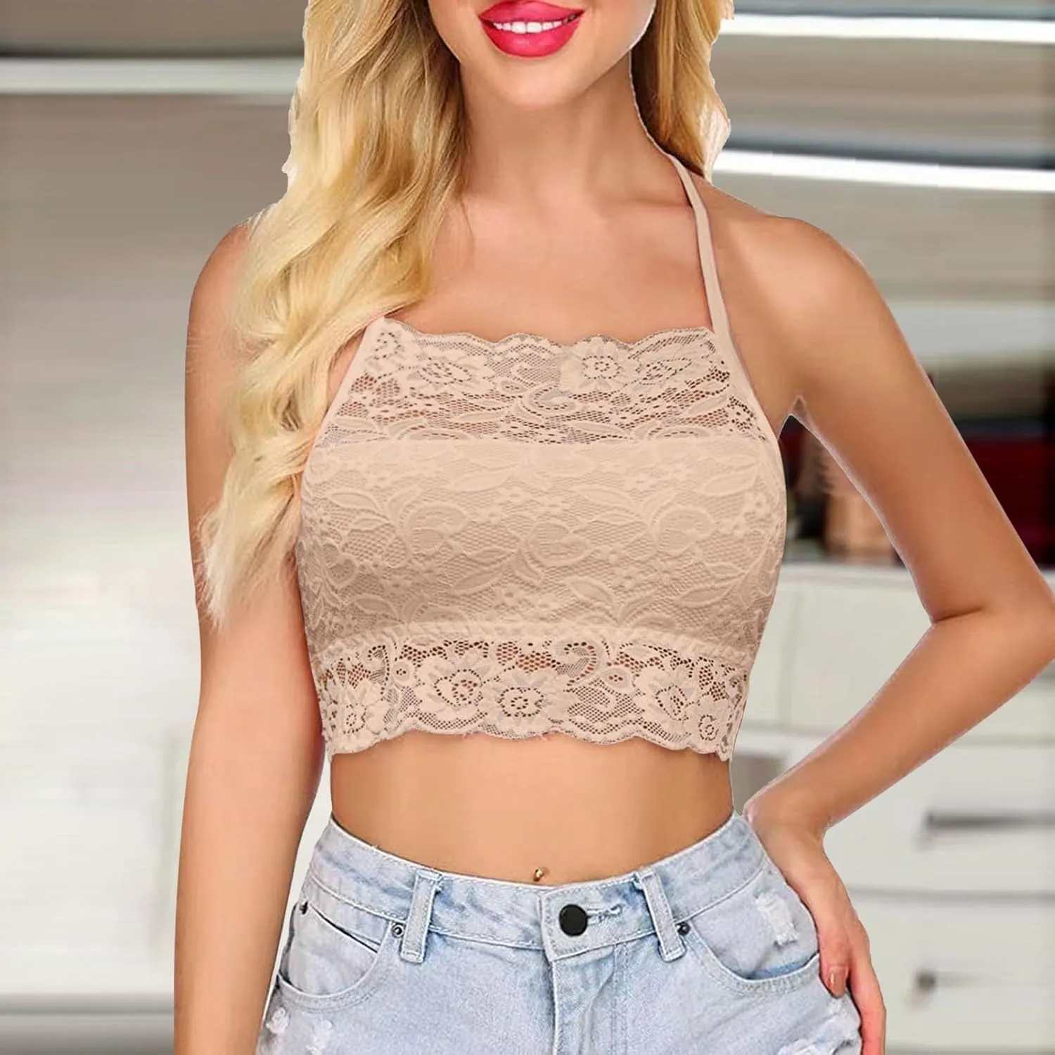 Lace Bralette for Women High Neck Camisoles Racerback Double-Layered Y2K Crop Top Wireless Sexy Floral Lace Bra