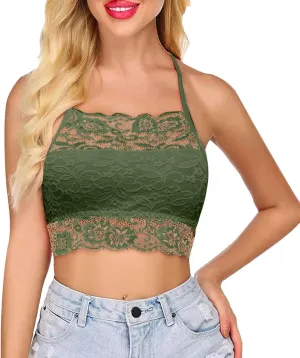 Lace Bralette for Women High Neck Camisoles Racerback Double-Layered Y2K Crop Top Wireless Sexy Floral Lace Bra