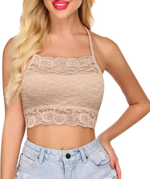 Lace Bralette for Women High Neck Camisoles Racerback Double-Layered Y2K Crop Top Wireless Sexy Floral Lace Bra