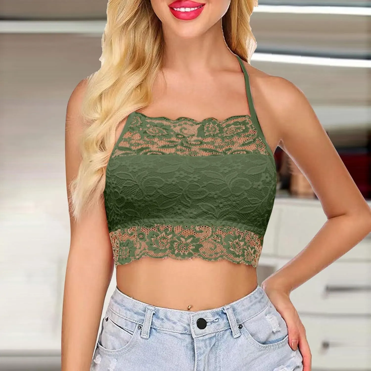 Lace Bralette for Women High Neck Camisoles Racerback Double-Layered Y2K Crop Top Wireless Sexy Floral Lace Bra