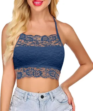 Lace Bralette for Women High Neck Camisoles Racerback Double-Layered Y2K Crop Top Wireless Sexy Floral Lace Bra