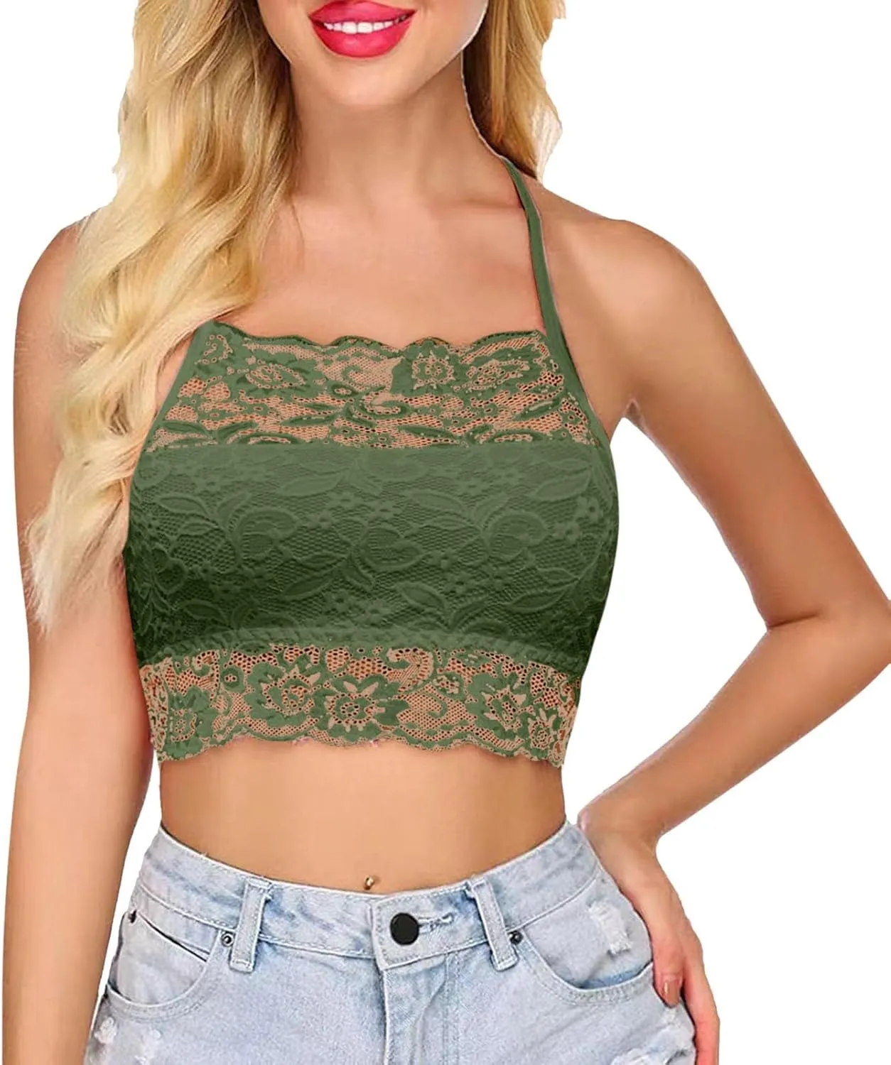 Lace Bralette for Women High Neck Camisoles Racerback Double-Layered Y2K Crop Top Wireless Sexy Floral Lace Bra
