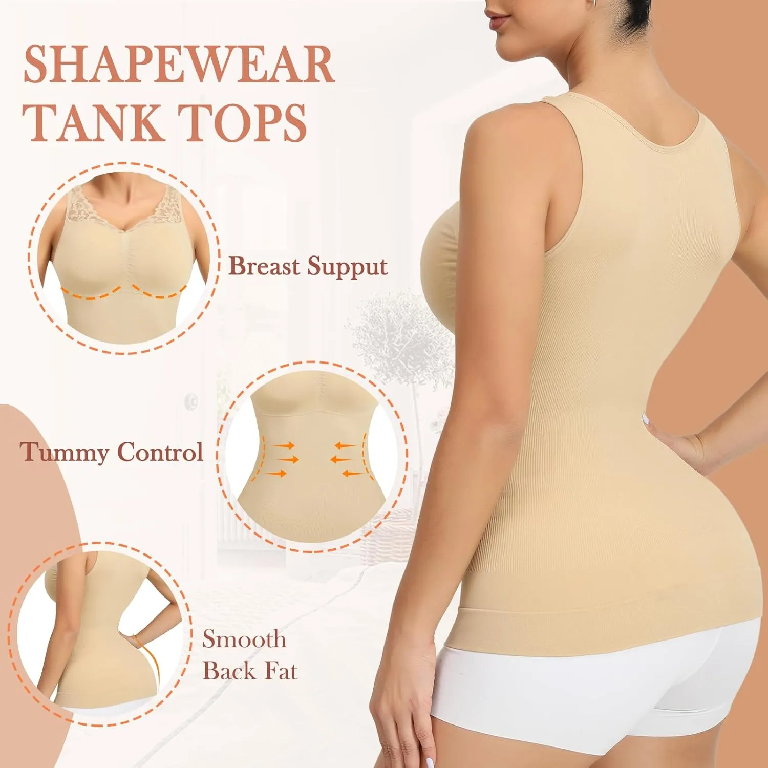 Lace Shapewear Tank Tops for Women, V Neck Camisoles with Built in Bra Tummy Control Shaper Seamless Cami