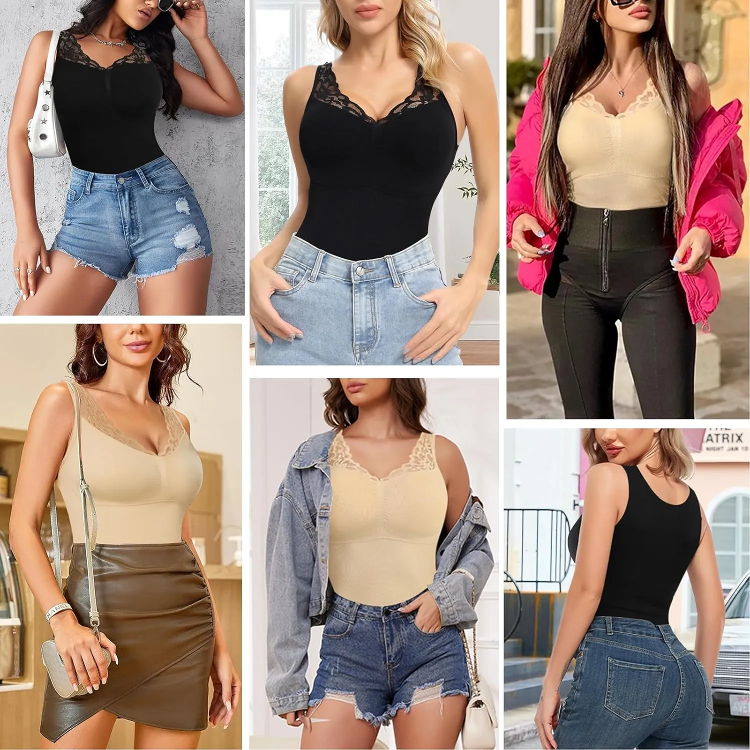 Lace Shapewear Tank Tops for Women, V Neck Camisoles with Built in Bra Tummy Control Shaper Seamless Cami