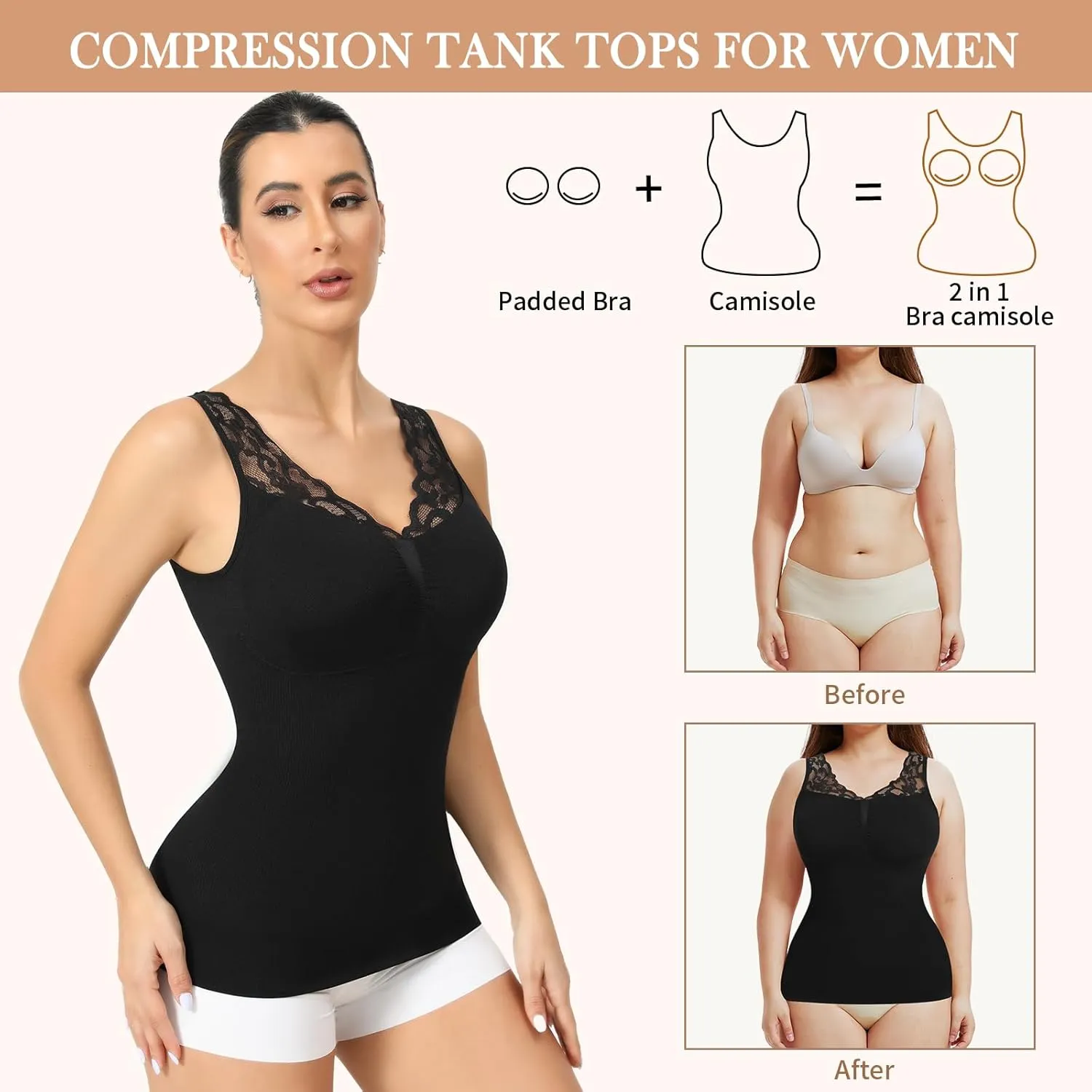 Lace Shapewear Tank Tops for Women, V Neck Camisoles with Built in Bra Tummy Control Shaper Seamless Cami
