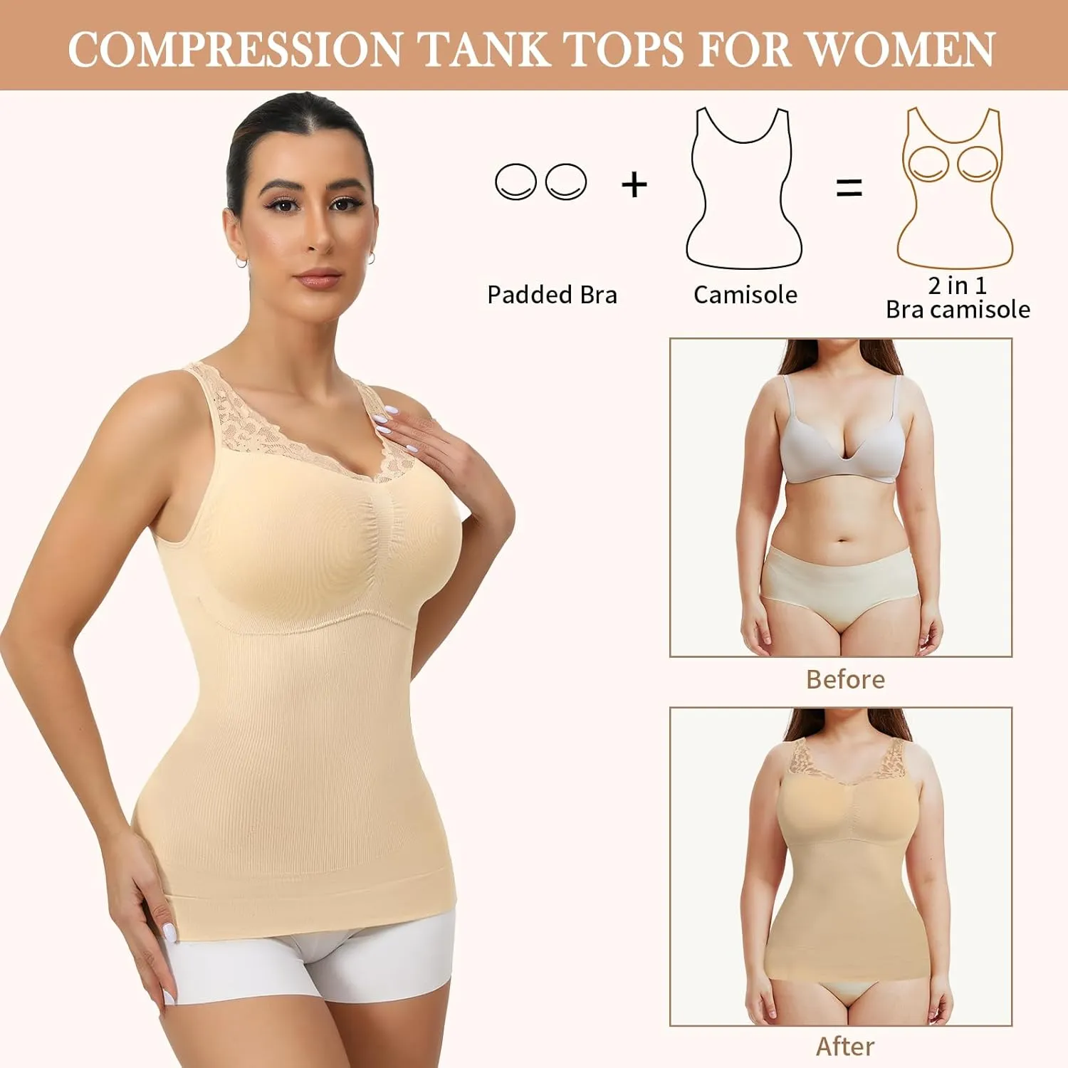 Lace Shapewear Tank Tops for Women, V Neck Camisoles with Built in Bra Tummy Control Shaper Seamless Cami