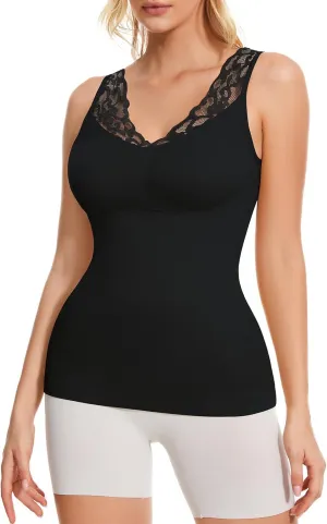 Lace Shapewear Tank Tops for Women, V Neck Camisoles with Built in Bra Tummy Control Shaper Seamless Cami