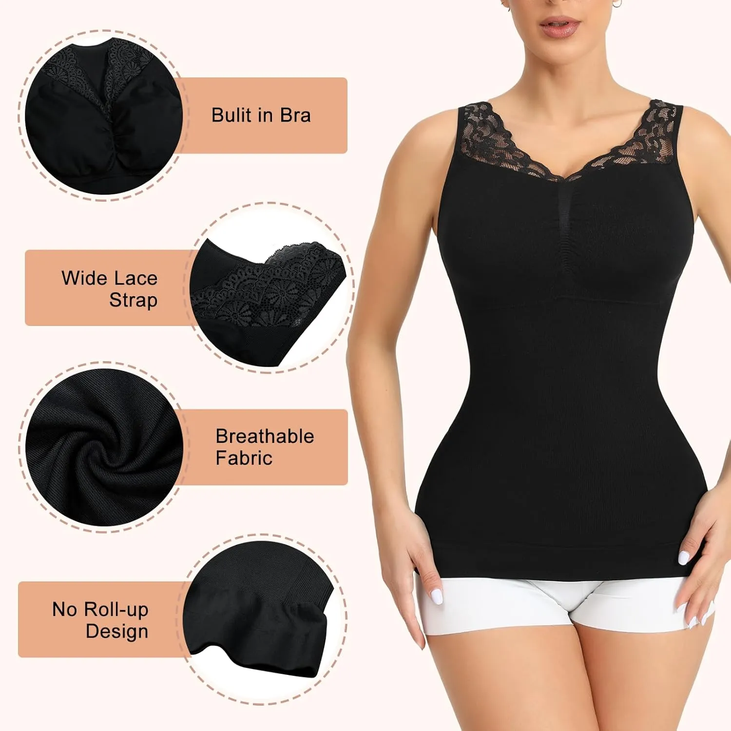 Lace Shapewear Tank Tops for Women, V Neck Camisoles with Built in Bra Tummy Control Shaper Seamless Cami