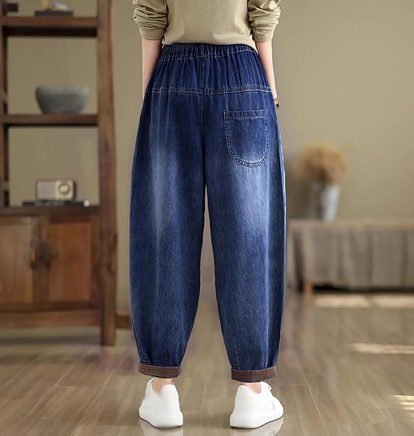 LAI MENG FIVE CATS Women Casual Jeans Denim Loose Pants Elastic Waist with Pocket