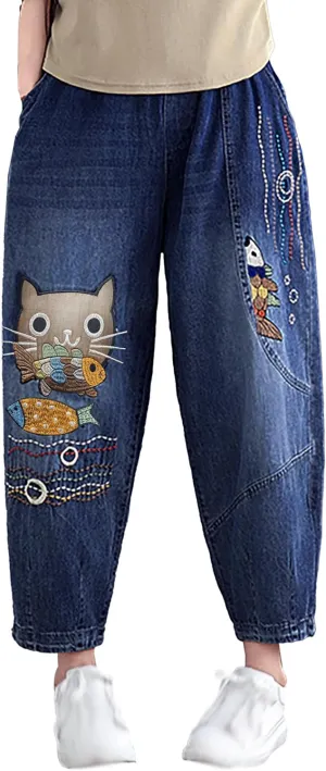 LAI MENG FIVE CATS Women Casual Jeans Denim Loose Pants Elastic Waist with Pocket