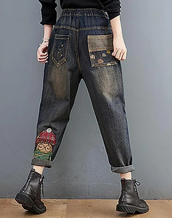 LAI MENG FIVE CATS Women Casual Jeans Denim Loose Pants Elastic Waist with Pocket