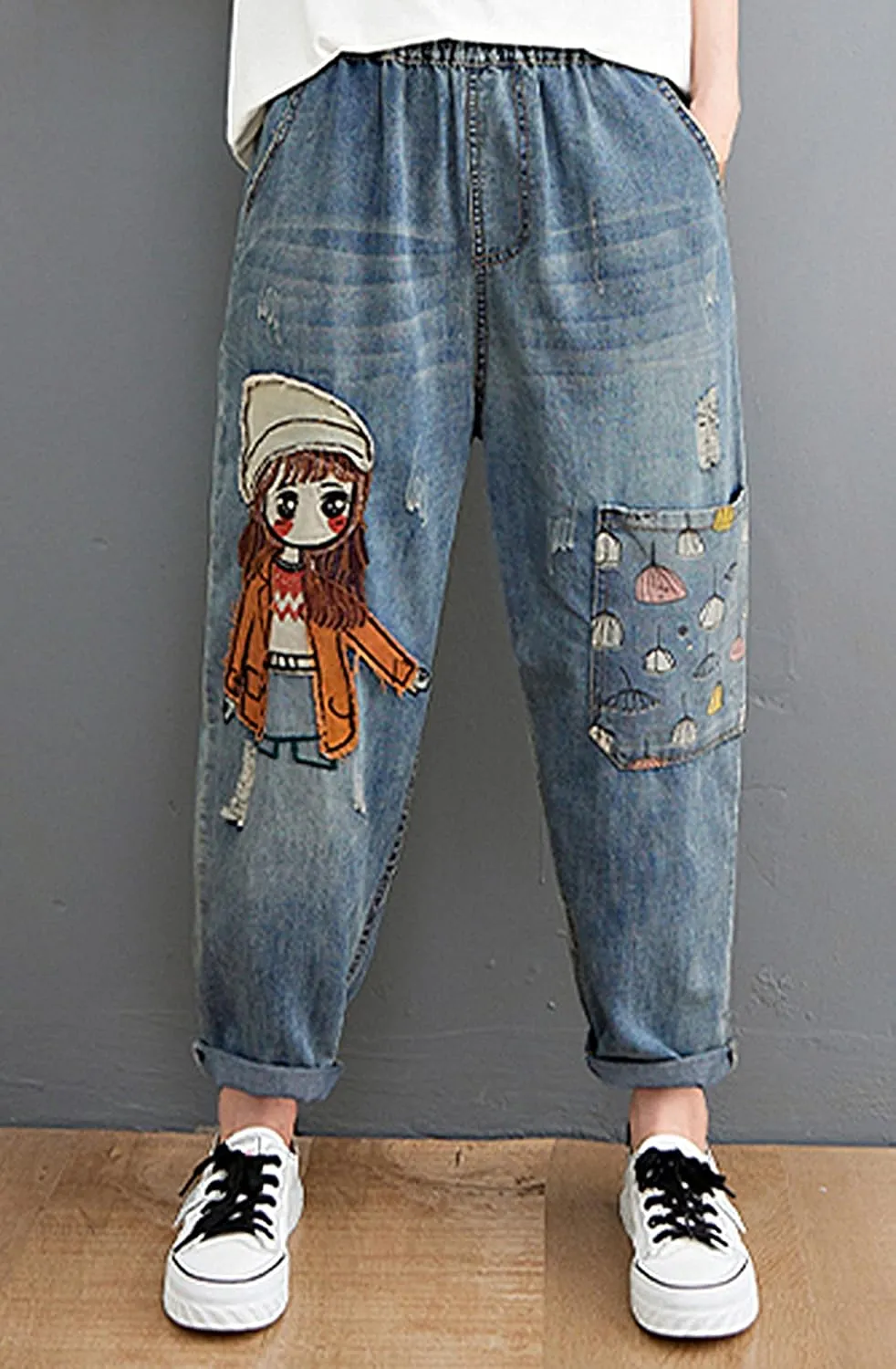 LAI MENG FIVE CATS Women Casual Jeans Denim Loose Pants Elastic Waist with Pocket