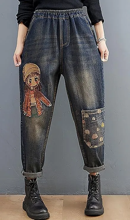 LAI MENG FIVE CATS Women Casual Jeans Denim Loose Pants Elastic Waist with Pocket