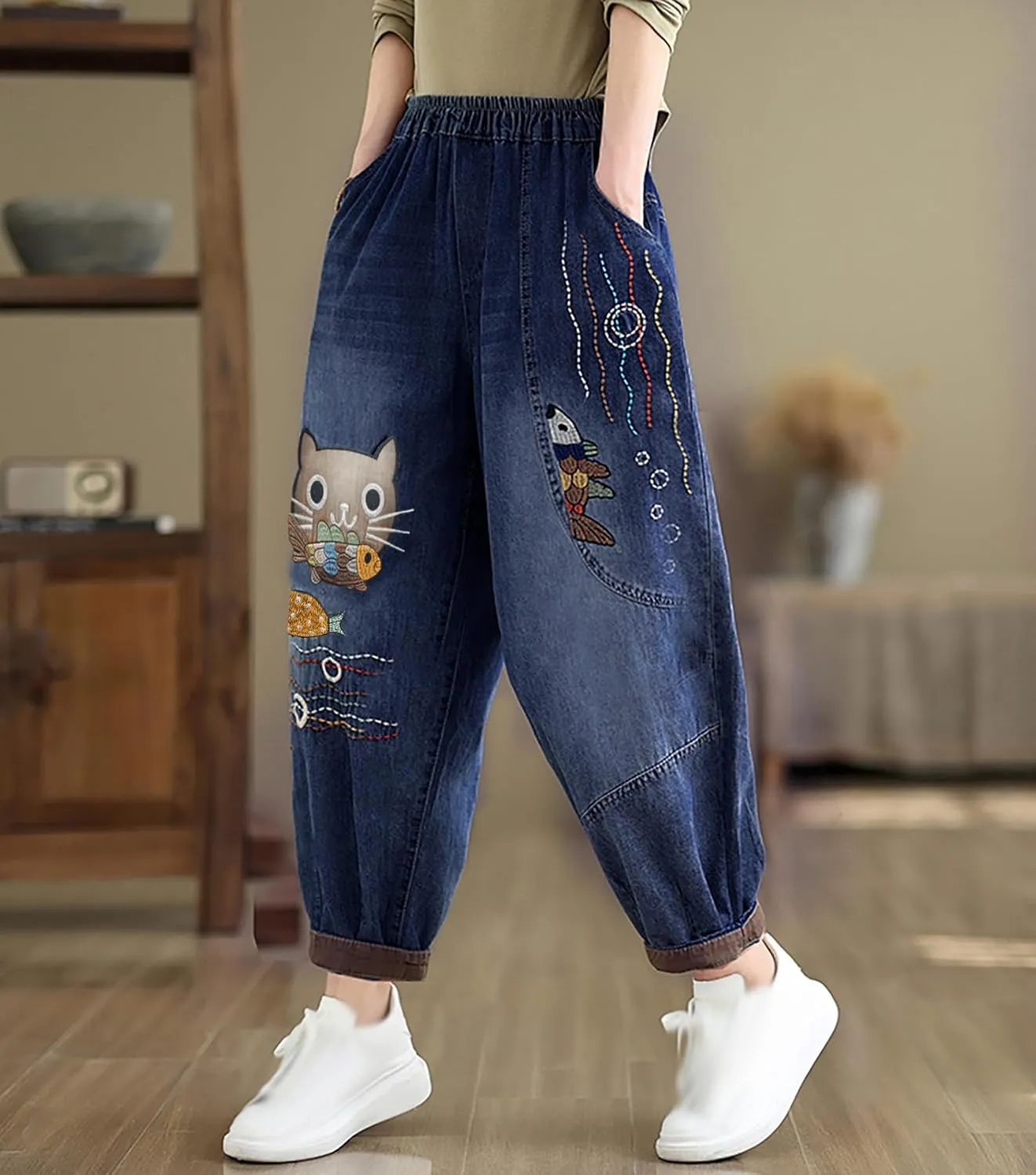 LAI MENG FIVE CATS Women Casual Jeans Denim Loose Pants Elastic Waist with Pocket